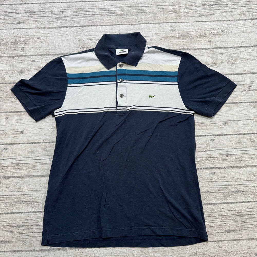 Lacoste Polo Shirt Men's 3 Small Navy Blue Striped Short Sleeve Athletic Sporty
